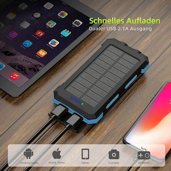 Solcelledrevet Powerbank, 20000mAh Vandtæt Solcelleoplader USB Ekstern Batteri med 2 Udtag Tabletter og Mere, med Lommelygte og Kompas