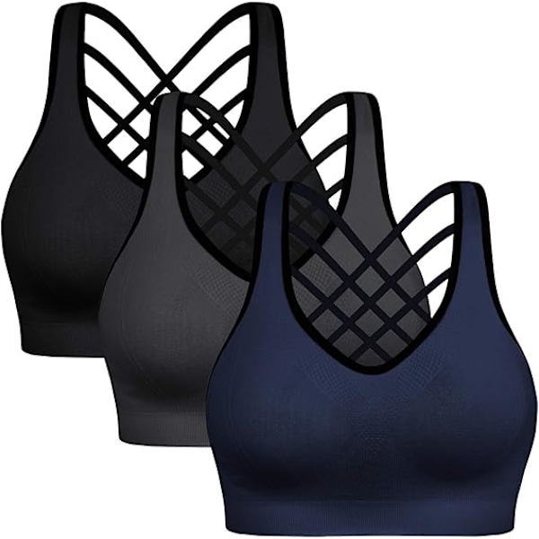 Vadderade sport-bh:ar med remmar för kvinnor - Aktivkläder toppar för yoga löpning fitness 3-pack Svart Grå Blå Black Gray Blue L
