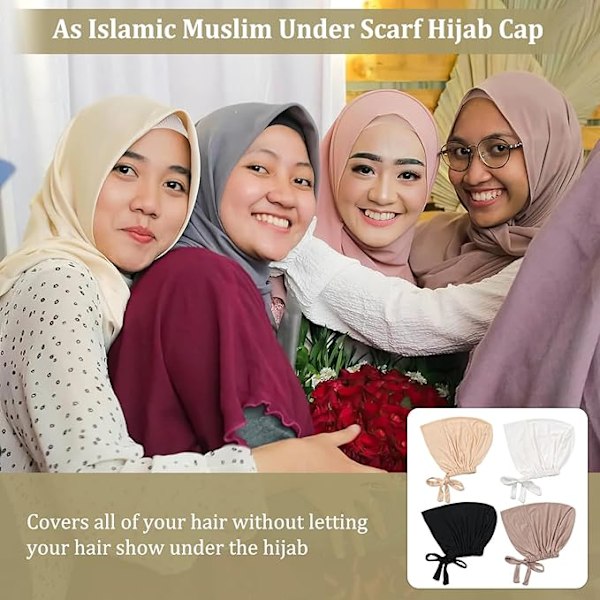 4 st, Damundermössa Hijab Muslim Hijab Turban Dam, Elastisk Andningsbar Huvudduk, Hijabmössa med Knytband