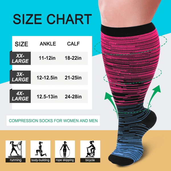 Plus Size kompresjonsstrømper for kvinner og menn Bred legg 20-30 mmHg Ekstra stor for restitusjon av sirkulasjonsstøtte/XX-stor-vinrød/grå/blå (3-pakning)