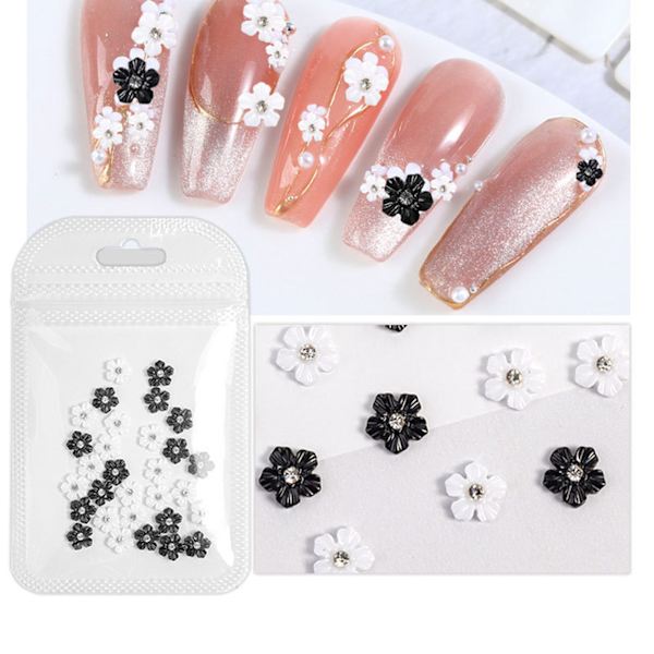 3D-blomspikkonst Svart Vit 5 Kronblad Blomspikdekorationer för DIY-nageldekoration