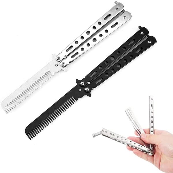 2 stk. Butterflykniv, Butterfly Rotary Comb, Spring Comb Practice Training, Trainer Comb for Beginner, Hair Folding Comb Stainless Steel Butterfly Clipper