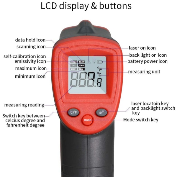 IR-lämpömittari Infrapunalämpömittari -58℉-716℉ (Ei ihmisille) Digitaalinen infrapunalaserlämpömittari keittiöön ja ruoanlaittoon