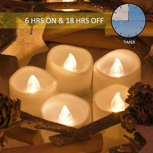 12-pack LED-värmeljus med timer, elektriska flimrande ljus, flamlösa, automatisk 6 timmar på & 18 timmar av, varmvitt