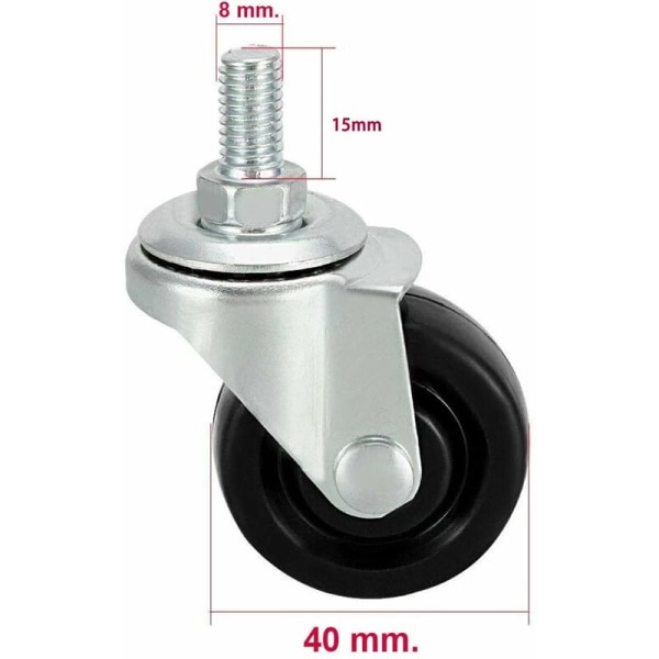 4-pack 40 mm gummihjul med M8 gängstång