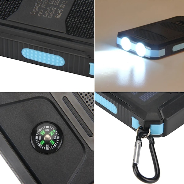 Solcellsladdare, 20000mAh Vattentät Solcellsladdare USB Extern Batteri med 2 Uttag Tabletter och Mer, med Ficklampa och Kompass