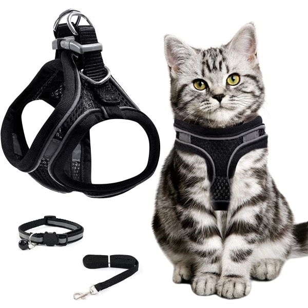 Andningsbar och justerbar kattsele - Kattkoppel med reflekterande - Halsband, selar och koppel för katter och små hundar - Svart (XS)
