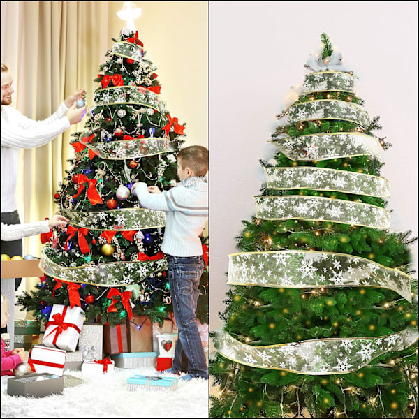 Kultainen Organza Lahjanauha - Joulunauha Langalla, Lahjapaketointi 10m x 63mm Paljeteilla ja Lumihiutaleilla Joulukoristeisiin - Organza Nauha-X42-