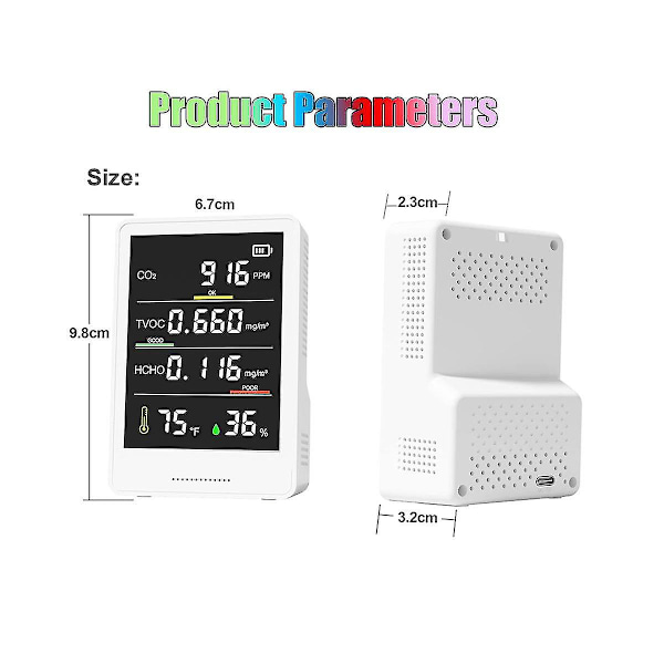 Luftkvalitetsmonitor, bærbar CO2-detektor CO2, TVOC, HCHO, fuktighet og temperaturpartikkel C