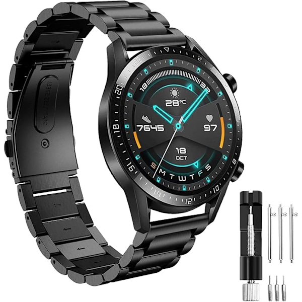 22mm armbånd for Huawei Watch GT2 Pro /GT4/GT3/GT3 Pro/GT Active/Galaxy Watch 3 45mm/46mm, justerbart armbånd i rustfritt stål