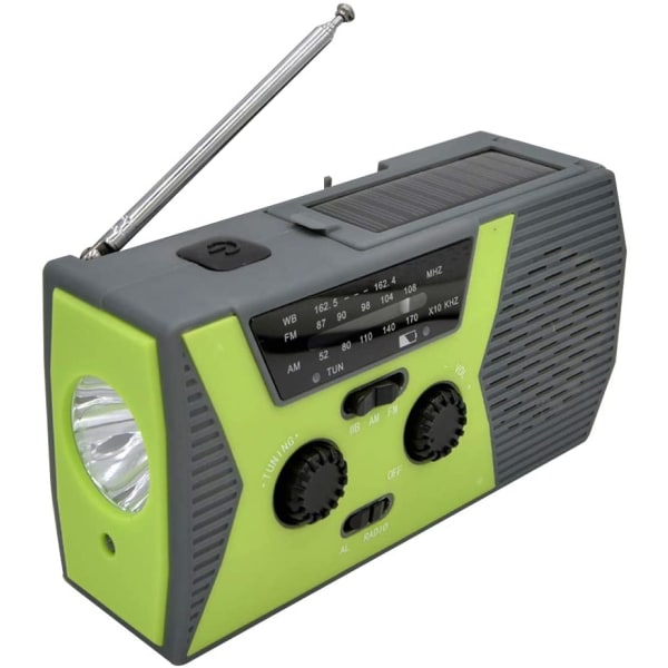 Emergency Solar Radio, Portabel Hand Generator AM FM Weather Radio, SOS Alarm Headphone Audio, 2000mAh Power Bank (grön)