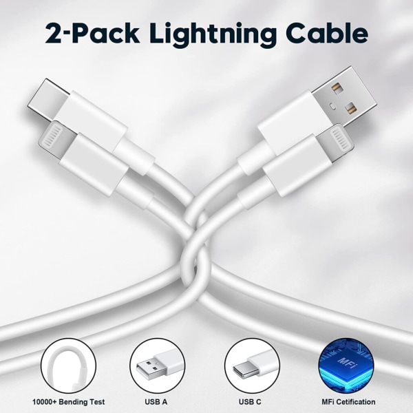 2 stk. iPhone-kabel, et USB-A og et USB-C 2 st kablar