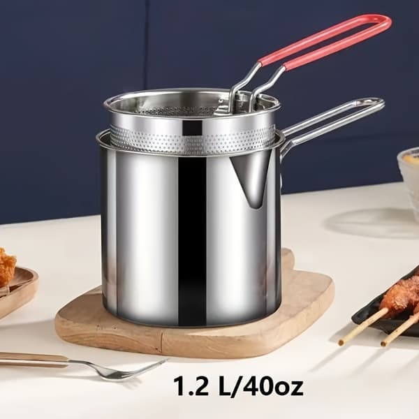 Friteuse i rustfritt stål med filterrist for hjemmelaget mat Frying Pan + Ba Silver