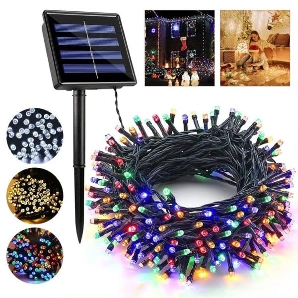 12m Solcellelys Belysning 100 LED Taulys Belysning Jul Fest Hage Utendørs Solcelle Fargerike Feelykter