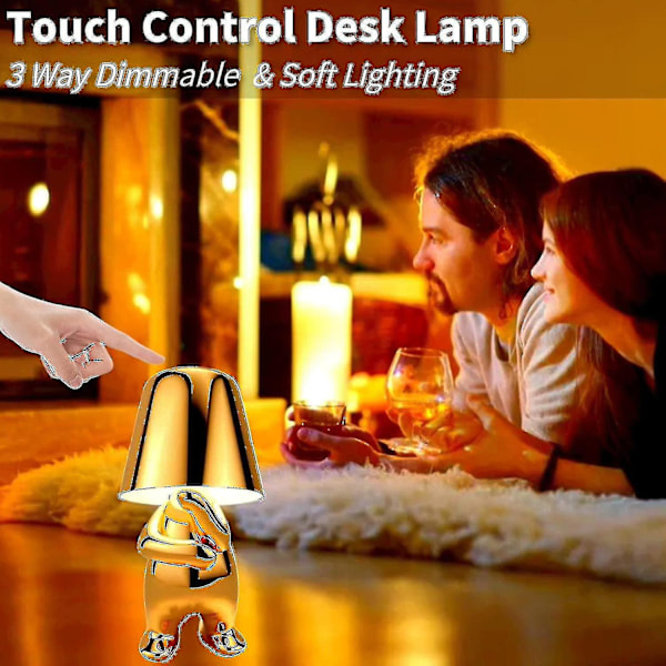 Sengebordslampe med touch, guld Thinker-lampe skrivebordslampe trådløs genopladelig bærbar dekorativ natbordslampe med USB-opladning (guld, A)
