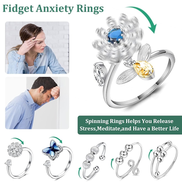 6 stk Fidget Angst Ringe Justerbare Ringe Sæt Justerbare Ringe Fidget Ringe Dampærleband