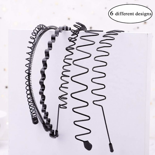 6 st Metallhårband Svarta Hårbågar Fjäder Våghårband Multi-Stil Unisex Flexibla Hårband Tillbehör för Kvinnor Män