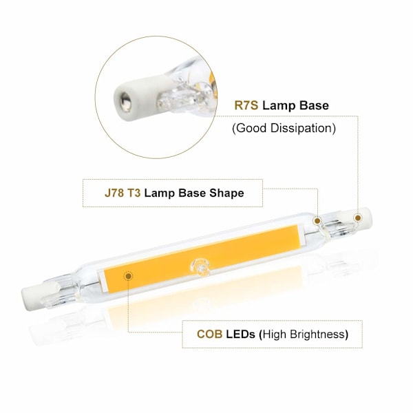 5W R7S 78MM J78 COB Filament LED pære (2 stk, varm hvid 2700K)