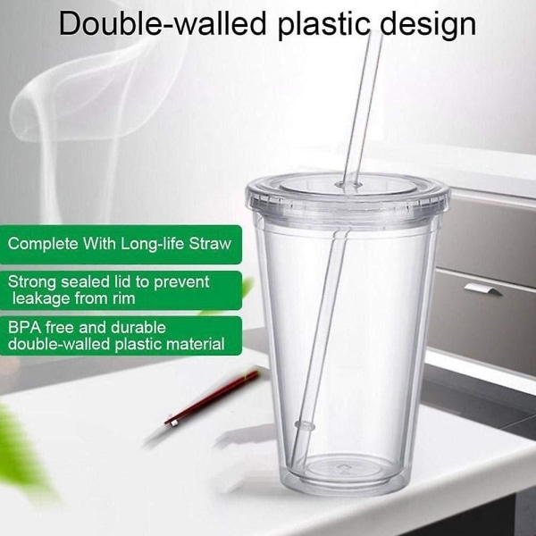 Dubbelväggig plastmugg med lock och sugrör, isolerad kaffekopp, 500 ml, transparent