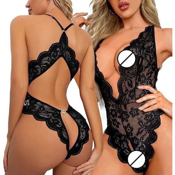 Sexet One Piece Frække undertøj damer Dyb V-ringet udskæring Transparent Rygløs Pyjamas Sort Black M