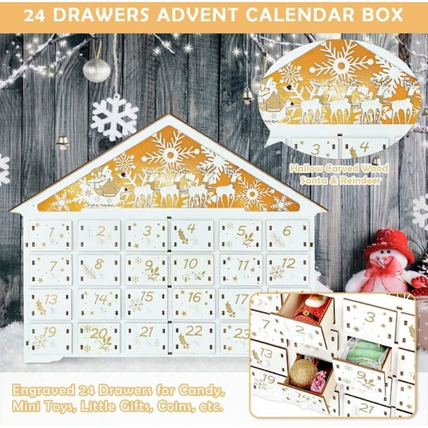 Fyldbar Adventskalender 2023, Træ Adventskalender, 24 Julekalendere med LED-lys, Nedtælling til Jul, Adventstid, Julegave
