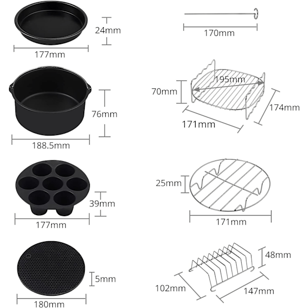 Tommer 17 Deler Power Round Air Fryer Tilbehør 5.5L Fryer Tilbehør Passer 3.2L-8.1L