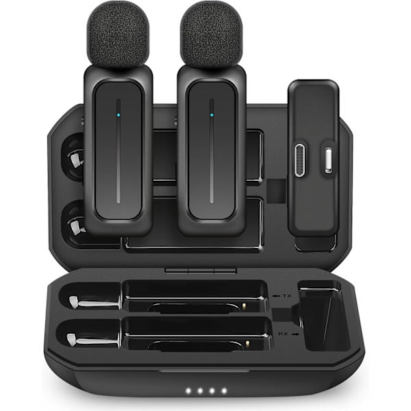 2 stk. Trådløse Lavaliermikrofoner til iPhone iPad Android med Opladningsetui 7H Clip-on Reversmikrofon Trådløs