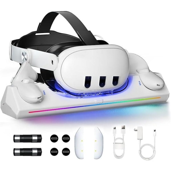 VR-opladningsstation til Meta Quest 3/Oculus Quest 3, opladningsbase med RGB-lys til Quest 3 VR-headset og controllere