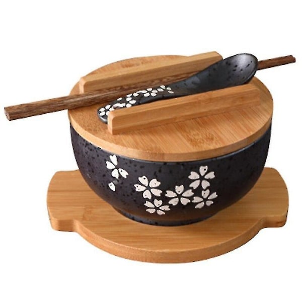 Instant nudelskål i japansk stil, mattallrik, keramiksoppa och salladsskål med cover av träpinnar
