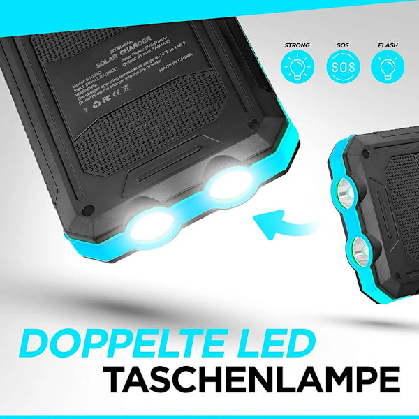 Solcelle Powerbank, 20000mAh Vanntett Solcellelader USB Ekstern Batteri med 2 Uttak Tabletter og Mer, med Lommelykt og Kompass