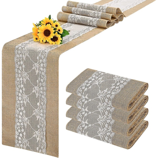 Rustic Jute Table Runner With White Lace, Stain Resistant