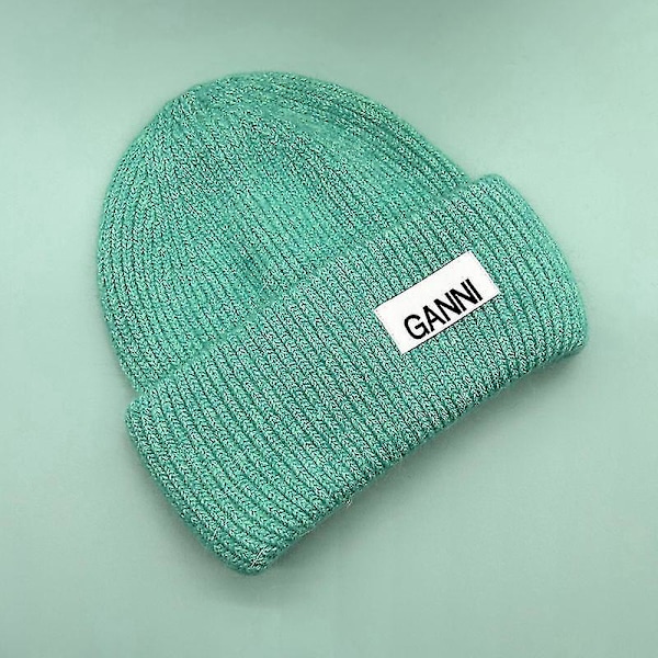 Strikket Herre Dame Ganni Vinter Varmt Hætte Manschetstrikket Stræk Beanie Hat f dark green