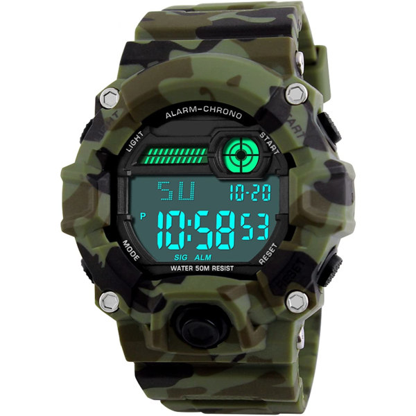 Digitala klockor för barn, militärsportklocka för pojkar med larm/timer/stöttålig