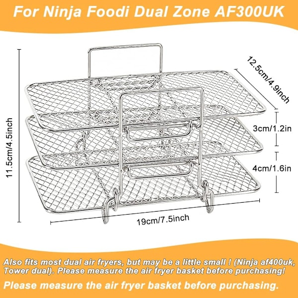 Airfryer-stativ for Ninja Dual, tre lag med rustfritt stål, Airfryer AF300UK AF400UK tilbehør, for dobbel luftfriter