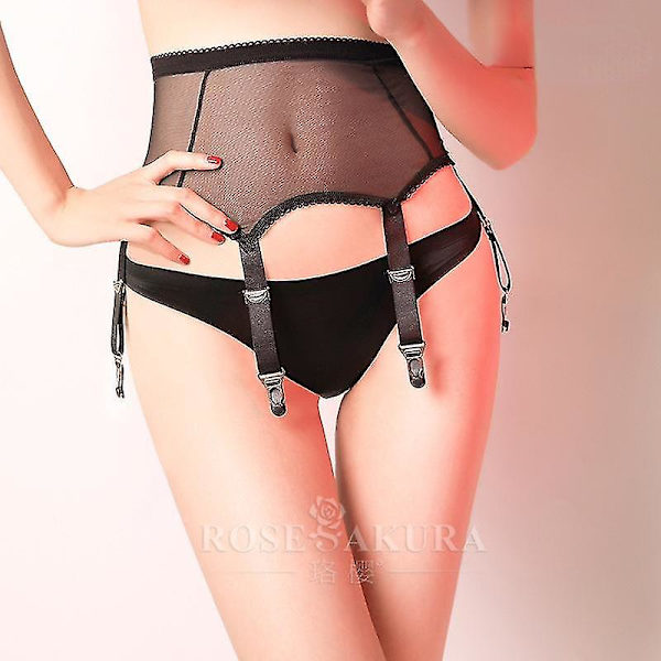 Allacki Sheer Mesh 6 Straps Svart Suspenderbälte Med Spetskant Sexig Underkläder