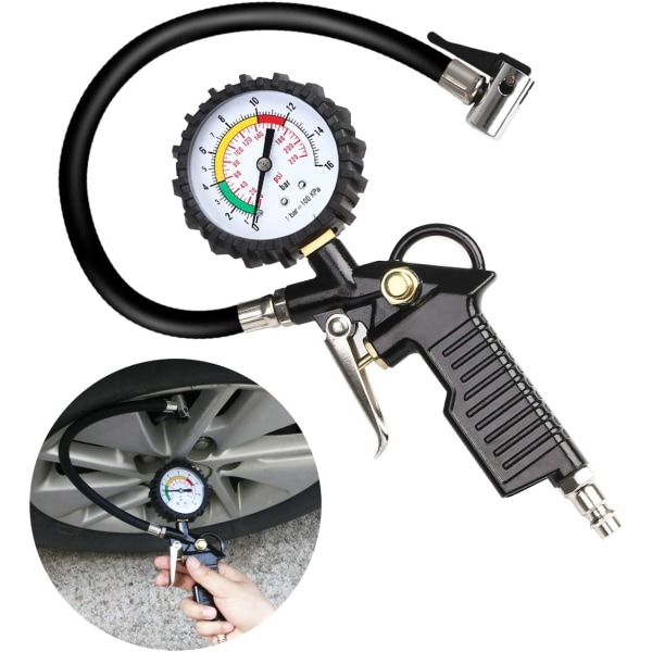 Tire Pressure Gauge,Digital Tire Gauge, InflatorGun Pressure Gaugewith4Valve Caps//FrenchAirNozzleAdapter//90DegreeMetalExtensionRod