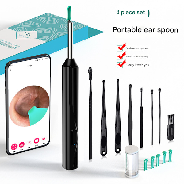 8 ST 1080P Trådlöst Öronendoskop Öronrengöringsverktyg Svart 8-pack Black