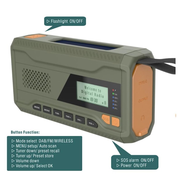 Bärbar DAB/FM-radio 4000mAh Dynamo Solradio Solvradio Överlevnads Solradio DAB Radio USB-laddare med Nödlarm Väckarklocka