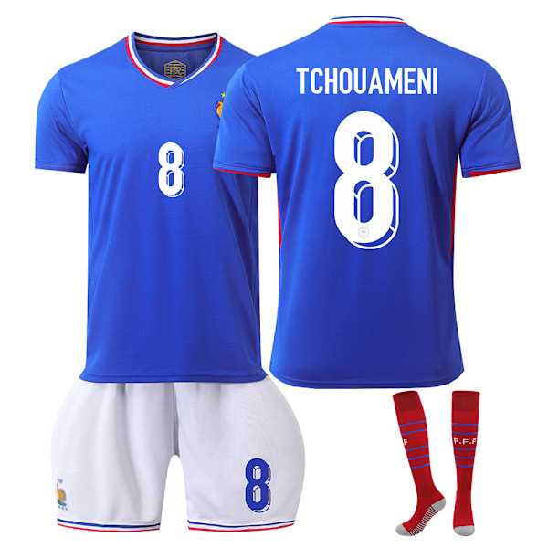 2024 UEFA EM 2024 Frankrike Hemma Fotbollströja Set Med Strumpor NO.8 TCHOUAMENI NO.8 TCHOUAMENI NO.8 TCHOUAMENI XS