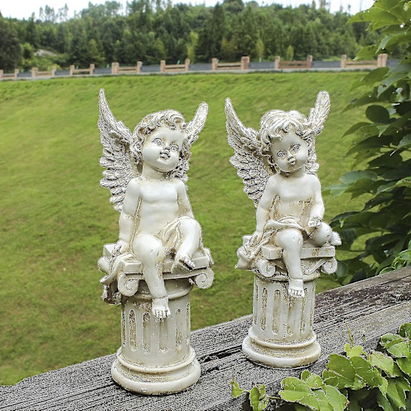 Sæt med 2 englefigurer på romersk søjle, havestatue, græsk kolonne, englefigur, skulptur, indendørs udendørs hjemmehavedekoration, antik harpiks 25 cm