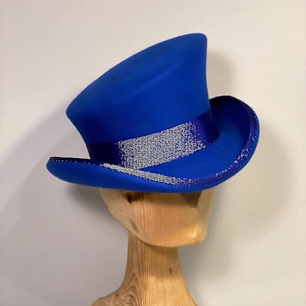 Asymmetrinen villahattu - unisex-hattu naisille ja miehille - steampunk-hattu - silinterihattu - muodikkaat nauhat - koristehattu - miesten päähine Blue