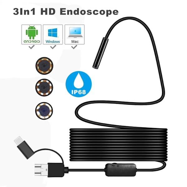 3-i-1 8mm HD Inspektionskamera - Flexibel 10m Kabel