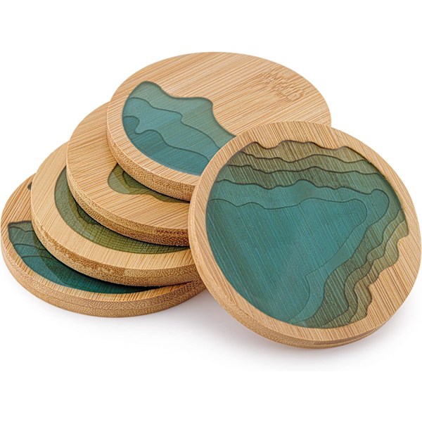 Runda Ocean Wave Epoxy Resin och Bambu Underlägg Dryckesmatta - 5-pack