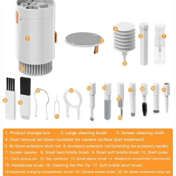 20-i-1-rengöringssats för tangentbord, hörlurar, skärmar och mobiltelefoner, vit white