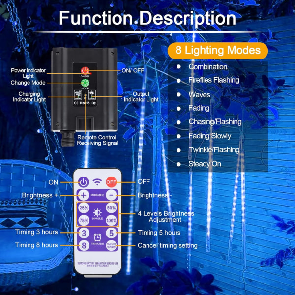 Meteorregn solcellelys, 10 vanntette rør med fjernkontroll for juletre, hage, bryllupsfest, interiørdekorasjon