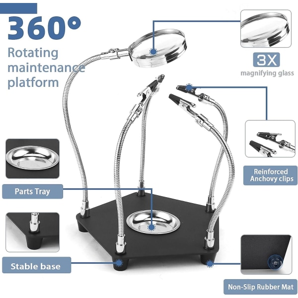 Kolmas käsi juottaminen 4 joustavalla käsivarrella ja suurennuslasilla Juottaminen kolmannella kädellä Elektroninen juotosteline elektroniikkorauhaa varten