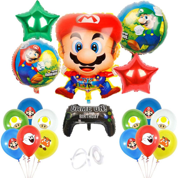 Super Mario Bros ballonger Super Mary ballonger Super Mario födelsedagsfest tillbehör Mario festdekorationer för barn, set med 19 st