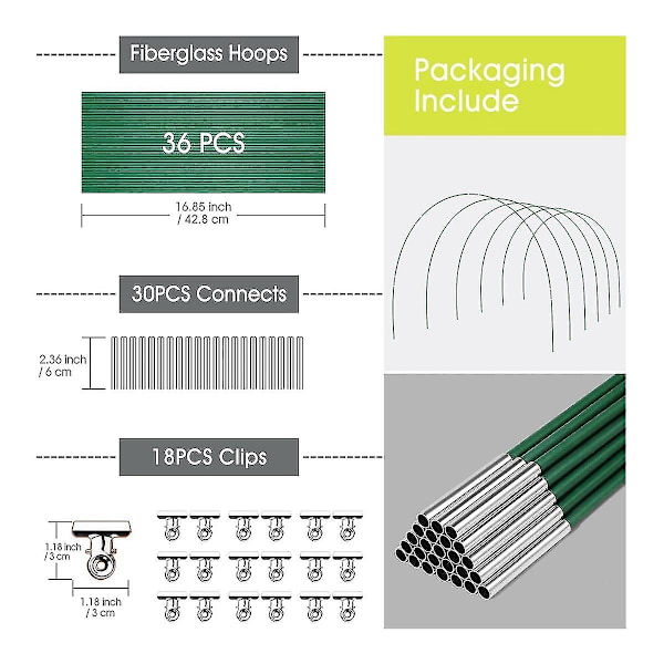 36 st Växthusbågar Odlartunnel 6 Set med 2,6 m Långa Trädgårdsbågar Kit, Rostfritt Glasfiber R-X42-