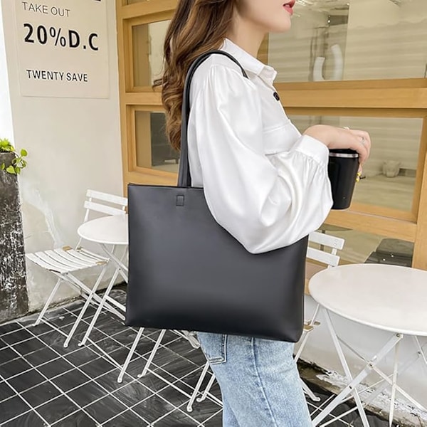 Dametasker, PU-læder tote tasker, dame skuldertasker, store kapacitet casual lynlås skuldertasker Black