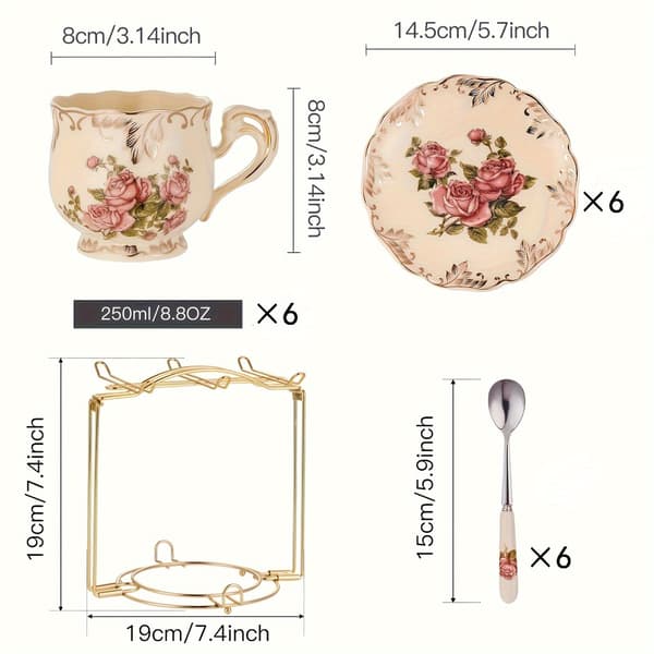 Keramisk tekop og underkop-sæt med skeer, vintage blomstrede tekopper til kvinder 2Cup2Pla2Spo1Co
